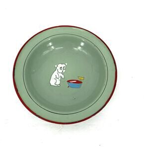 Antique Enamel Child’s Plate Germany Puppy Dog Feeding Bowl Green Red Rim